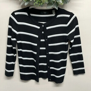 T Tahari 3/4 Sleeve Button Front Cardigan Ribbed Striped XS
